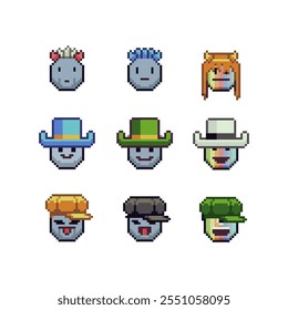 Verschiedene lustige Gesicht glücklich Pixel Kunst Icon-Set, fröhliche Cartoon-Charakter. 8-Bit-Flachformat. Abstrakte einzelne Vektorgrafik.