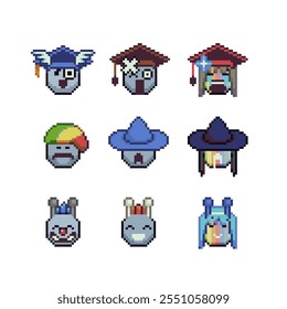Different funny face happy pixel art icon set, cheerful cartoon character. 8-bit flat style. Isolated abstract vector illustration.