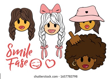 Different funny female faces in the style of the cartoon. Emoticons. White background.
