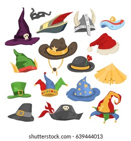 Different funny holiday carnival hats for party and masquerade celebration traditional vector illustration