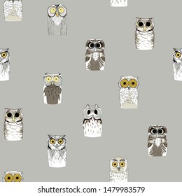 Different funny owls on a light background. Seamless pattern.