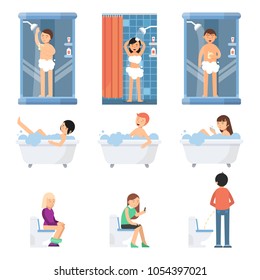 Different funny people take a shower in bathroom. Vector pictures in flat style. Bathroom and shower, man or woman in foam bathing illustration