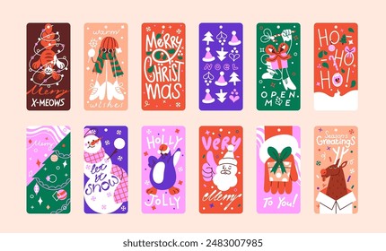 Different funny tags for Christmas gifts set. Various cute cards for New Year presents. Design of Xmas hanging badges. Winter holidays greeting labels with Santa Claus. Flat vector illustrations