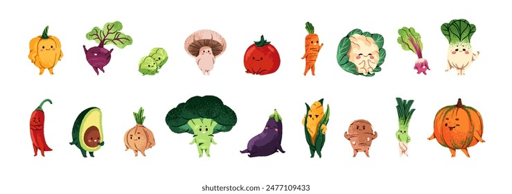 Different funny vegetables set. Children's healthy food characters. Happy pumpkin, kawaii broccoli, cute tomato, avocado, mushroom. Flat isolated drawing vector illustrations on white background