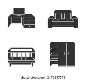 Diferentes muebles Conjunto de iconos. Sofá, mesa de oficina, armario con estantes, cuna de bebé. Pictogramas en estilo monocromo plano