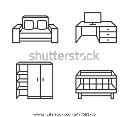 Different furniture Icons set. Sofa, office table, wardrobe with shelves, baby cradle. Pictograms in thin line