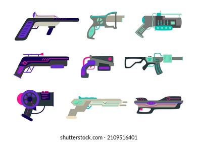Different futuristic guns vector illustrations set. Toy pistols, blasters, laser rifles for children isolated on white background. Entertainment, space, weapons concept for game design