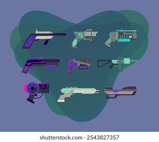 Diferentes futuristas armas de vetor ilustrações conjunto. Pistolas de brinquedo, blasters, rifles laser para crianças isoladas sobre fundo branco. Entretenimento, espaço, conceito de armas para design de jogos