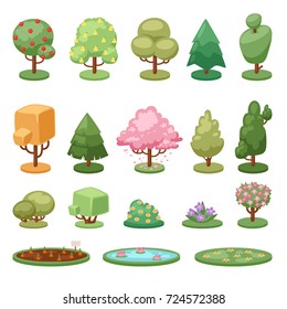 Different game green tree bush and ground isolated nature environment leaf plants vector illustration.