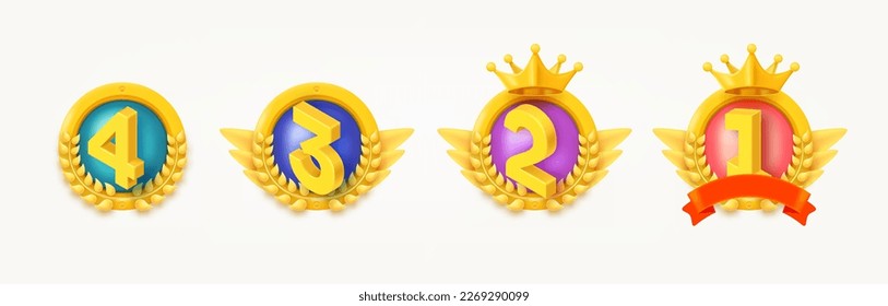 Different game rank emblems with numbers and wreaths. Game achievement badges collection. 3d vector clipart isolated on white background