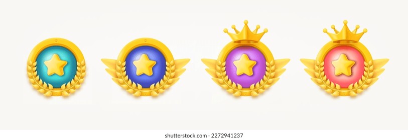 Different game rank emblems with stars and wreaths. Game achievement badges collection. 3d vector clipart isolated on white background