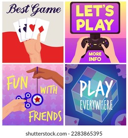 Diferentes juegos de afiches publicitarios, dibujos animados de ilustración vectorial plana. Colección de banners con conceptos de juego - videojuegos, cartas, spinner y juguetes yoyo fidget.