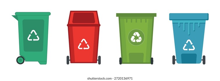 Diferentes contenedores de basura conjunto de ilustración. Cubos de basura coloridos con icono de reciclaje. Contenedores de clasificación de residuos. Clasificación de la Ilustración vectorial de basura
