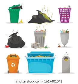 Different garbage containers flat vector illustrations set. Full trash cans, dustbins, plastic bags and recycle bins. Waste management industry, litter disposal, environment pollution design elements