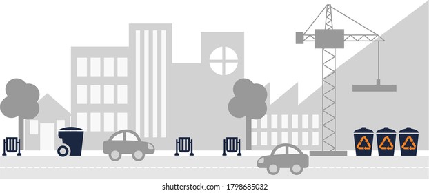 Different garbage containers on the background of the cityscape. Simple flat vector clipart of city street with road, buildings, construction crane, cars and trash cans
