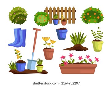 Different garden elements vector illustrations set. Collection of drawings of plants in flowerpots, fence, flowers, bushes isolated on white background. Gardening, farming, agriculture, spring concept