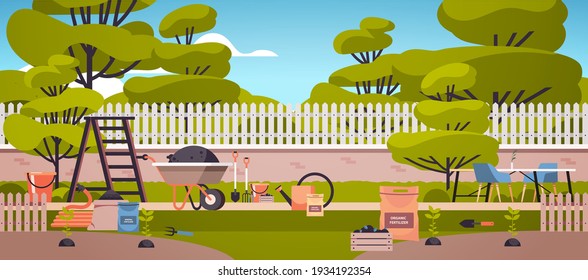 different garden and farm tools gardening equipment in backyard eco farming agriculture concept horizontal vector illustration