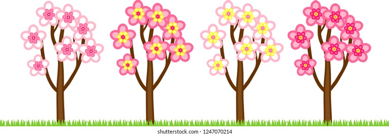 Different garden trees with flowers isolated on white background