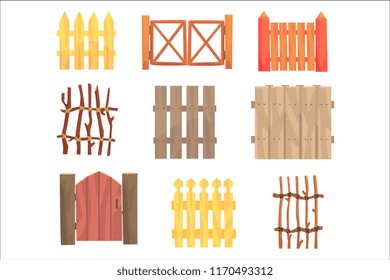 Different garden wooden fences and gates set, rural hedges vector Illustrations