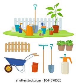 Different gardening equipment and tools against wood fence. Wheelbarrow, watering can, shovel and garden plants in pots. Concept of gardening. Vector illustration