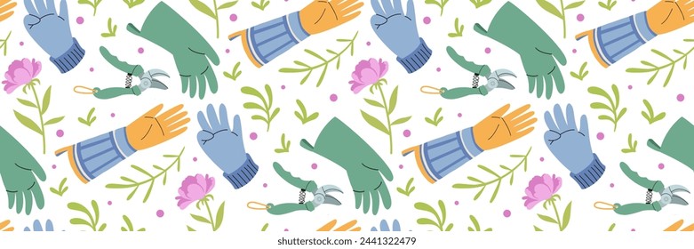 Different gardening gloves and pruning shears seamless pattern. Garden and agriculture tools. Background for textile, wallpaper, wrapping paper, packaging, brand, shop. Vector flat illustration.