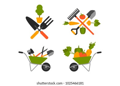 Different gardening tools with hand cart and harvested vegetables. Garden ware set. Eps vector illustration