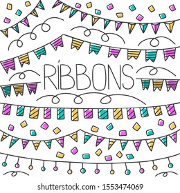 Different garlands and ribbons, vector concept in doodle style. Hand drawn illustration, postcards, decoration.