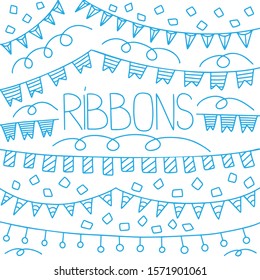 Different garlands and ribbons, vector concept in doodle style. Hand drawn illustration, postcards, decoration.