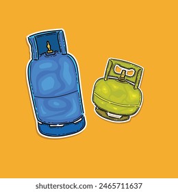 Different gas cylinders isolated on orange background. Fuel storage liquefied compressed gas high pressure camping equipment set. Colorful vector illustration in sticker style design. Propane  Lpg