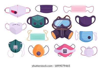 Different gas pollution and medical protection face mask set. Smog dust and air pollution protection or virus and flu prevention, surgical respirator vector illustration isolated on white background