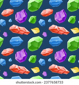 Different gemstones seamless pattern on a dark blue background.