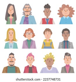 Different gender identity people smiling. Set of diverse peoples faces on white background. Vector illustration in flat cartoon style.