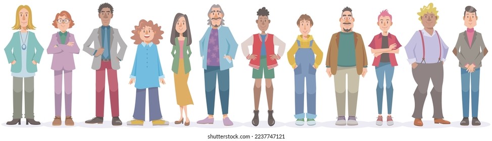 Different gender identity people standing on white background. Vector illustration in flat cartoon style.