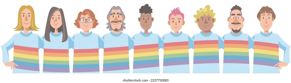 Different gender identity people wearing rainbow color shirts arms around each other's shoulders. Vector illustration in flat cartoon style.