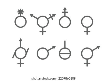 Different gender isolated, LGBTQ set. Transgender, non-binary person, agender, androgyne, genderqueer signs. Concept of homosexuality, lesbianism, asexuality, bisexuality vector illustration