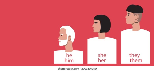 Different gender of people, copy space template. Flat vector stock illustration with place for text. Gender pronouns: he, she, they. Transgender, agender person. Gender diversity for design