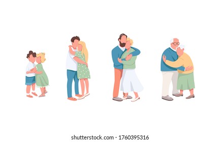 Different generation flat color vector faceless characters set. Boy hug girl. Boyfriend together with girlfriend. Love relationship isolated cartoon illustrations on white background