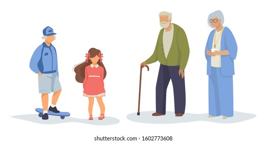 Different generation set. Children with skateboard, senior couple, grandparents. Flat vector illustrations. Age, family concept for banner, website design or landing web page