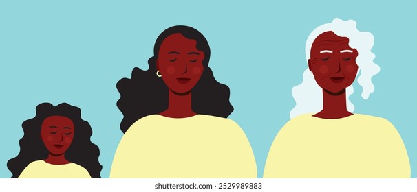 Different generations of African family: child, adult, old, flat vector stock illustration with woman in childhood, young age, adulthood and senior woman