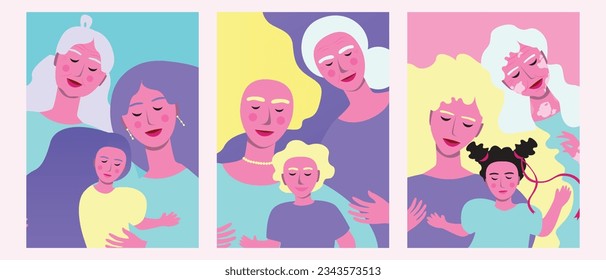 Different generations of family, concept of parenthood, grandmotherhood and childhood, set or vector stock illustration
