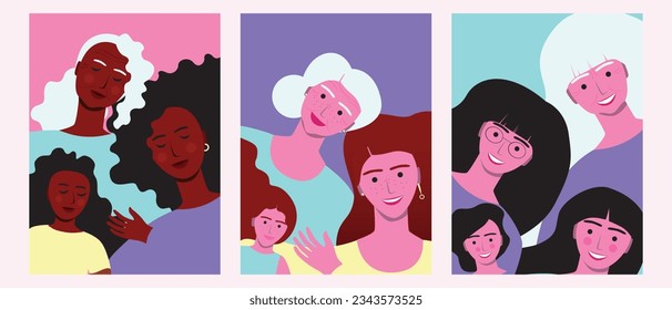 Different generations of family, women of different age, skin color, ethnic group isolated, set or vector stock illustration