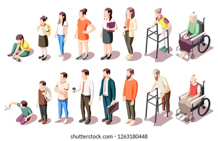 Different Generations Isometric Icons Set Illustrated Human Age Evolution From Kid To Old Isolated Vector Illustration