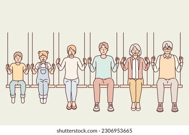 Different generations from large family with parents and children with grandchildren sitting on swing. Generations of boy and girl of adolescence and grandparents or mom for concept family happiness