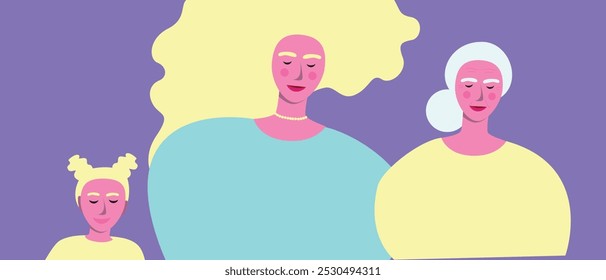 Different generations of people as perfect imperfection, flat vector stock illustration with woman in childhood, young age, adulthood and senior woman