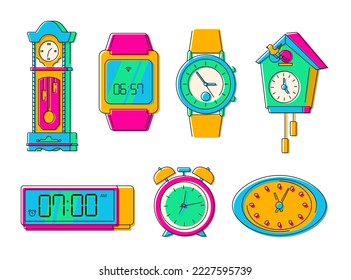 Different generations of watches - line design style objects set. High quality colorful images of wristwatch and old grandfather stationary clock. Example of how fashion and design changes over time