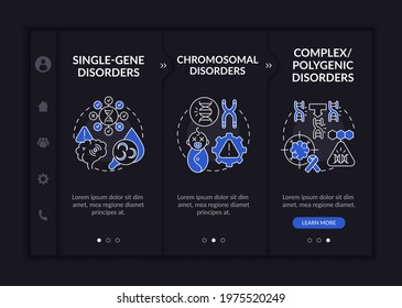 Different genetic disorders onboarding vector template. Responsive mobile website with icons. Web page walkthrough 3 step screens. Hereditary illness dark theme concept with linear illustrations