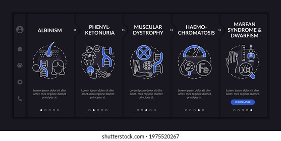 Different genetic disorders onboarding vector template. Responsive mobile website with icons. Web page walkthrough 5 step screens. Healthcare dark theme concept with linear illustrations