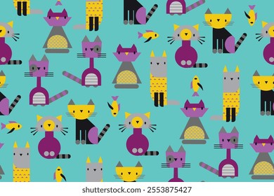 Different geometric cartoon cats seamless pattern Simple geometric flat style vector illustration of kittens. Kitty ornament