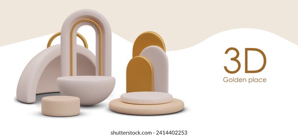 Different geometric figures, and modern stages designed in beige colors with golden elements