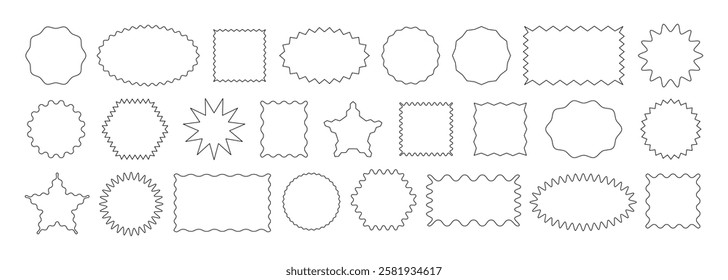 Different geometric outlines of shapes with zig zag wavy edge. Rectangle, Oval, Circle, Square. Vector set black elements for design frame, stamp, template and badges